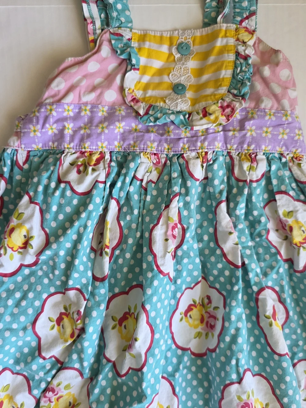 Jelly the Pug Blue Floral Polka Dot Girl Dress Strappy Summer Cottagecore